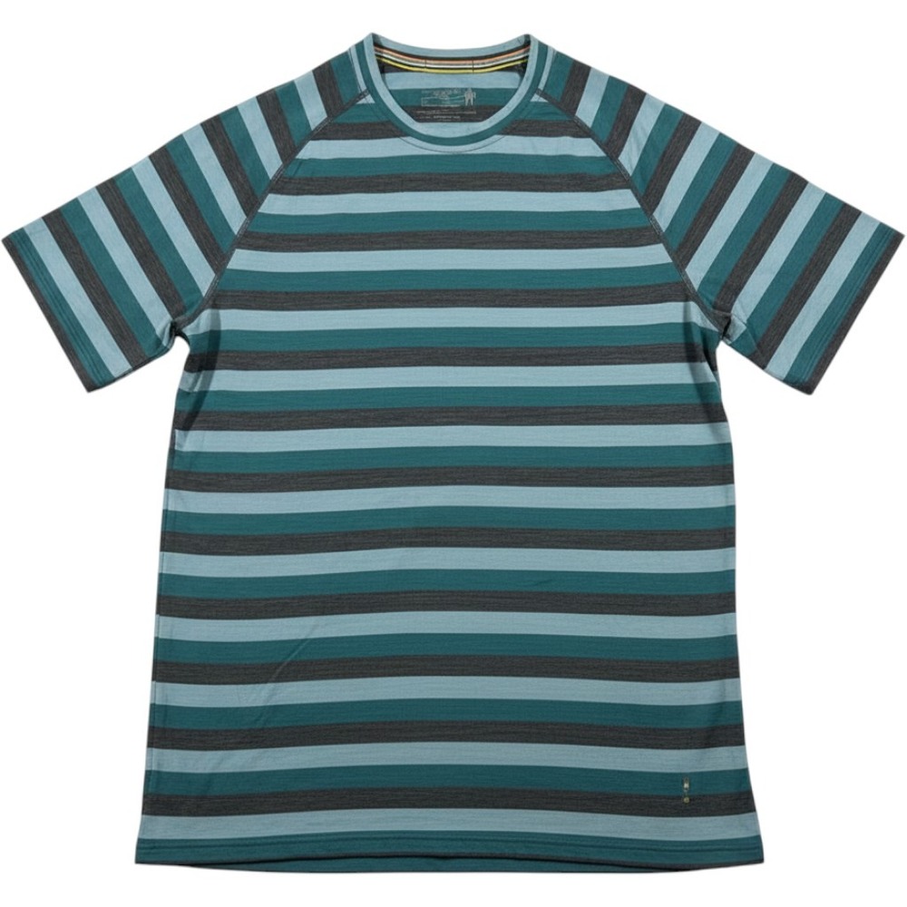 Smartwool Merino 150 Shirt Mens Medium Teal Gray Striped Short Sleeve Base Layer